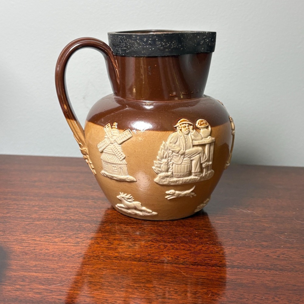Vintage Brown Stoneware Pitcher Dutch Village Relief Windmill Farmer Jug 6"
